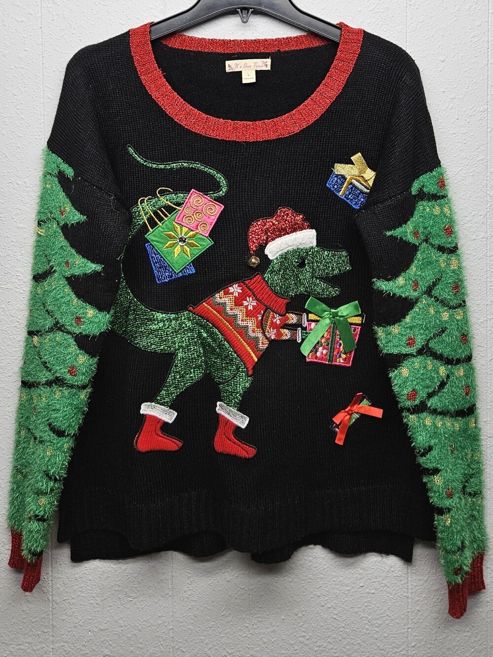 It's Our Time Ugly Christmas Sweater Dinosaur T-Rex Santa Hat Womens L Holiday